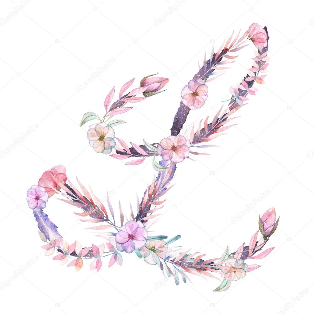 Capital letter L of watercolor pink and purple flowers, isolated hand drawn on a white background, wedding design, english alphabet for the festive and wedding decor and cards