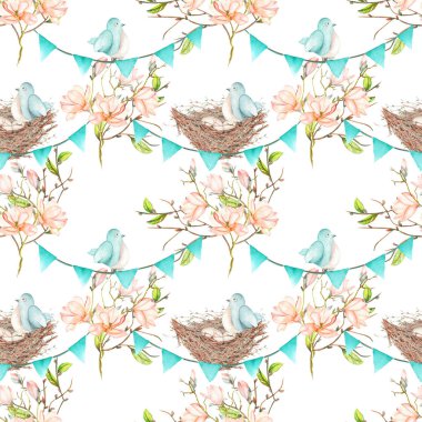 Kuşlar, yuva ve bahar Manolya ağacı üzerinde mavi bayraklar çelenk üzerinde yumurta ile Seamless Modeli şubeleri