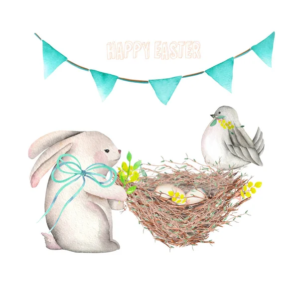 Illustration of watercolor Easter rabbit, bird, nest with eggs and festive garland with flags — Stock Photo, Image