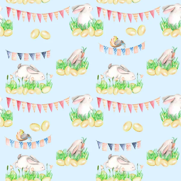 无缝模式用水彩复活节兔子草、 鸡蛋和带有标志的花环 — 图库照片