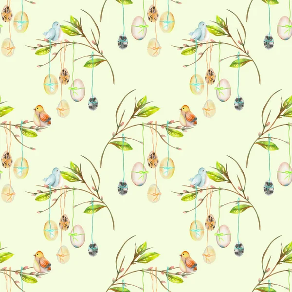 Seamless pattern with Easter eggs on the spring tree branches — Stock Photo, Image