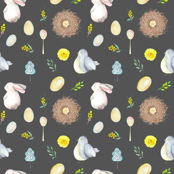 Seamless mönster med akvarell påsk kaniner, fågelbon, ägg, fåglar, gula och gröna grenar — Stockfoto