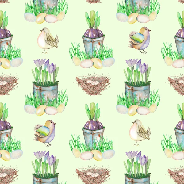 Modèle sans couture avec aquarelle Oeufs d'oiseaux de Pâques, nids, fleurs de crocus dans les pots et les oiseaux mignons — Photo