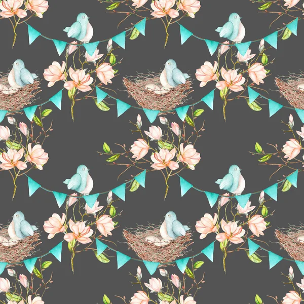 Naadloze patroon met vogels, nesten en eieren op de slingers van de blauwe vlaggen op spring magnoliaboom takken — Stockfoto