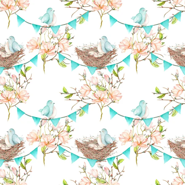 Seamless pattern with birds, nests and eggs on the garlands of the blue flags on spring magnolia tree branches — Stock Photo, Image