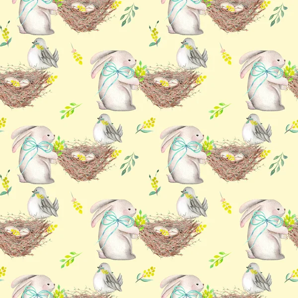 水彩イースターのウサギ、鳥の卵と巣とのシームレスなパターン — ストック写真