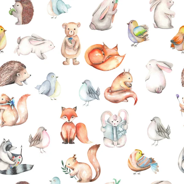 Seamless mönster med akvarell söt skogens djur — Stockfoto