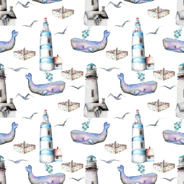 Безшовний візерунок з акварельними маяками, чайками, китами і паперовими човнами — стокове фото