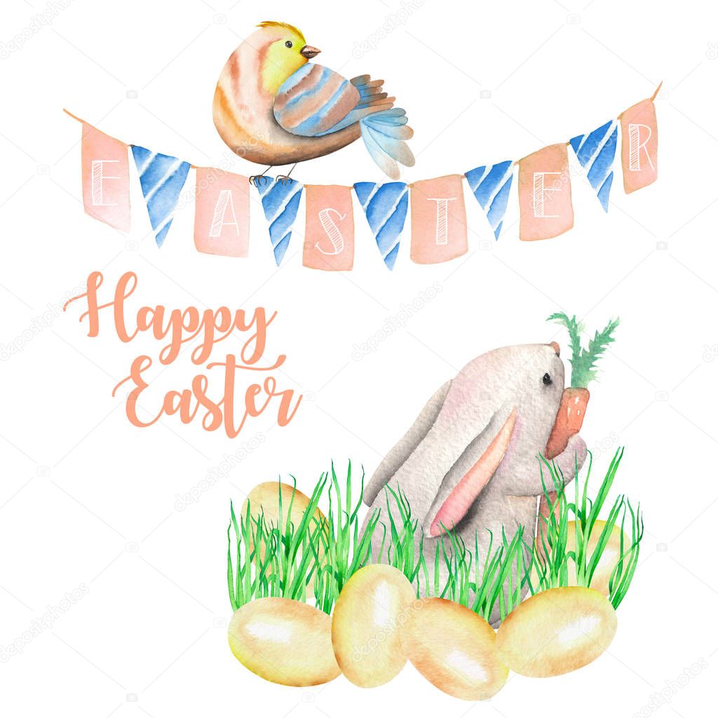 Illustration of watercolor Easter rabbit in grass, bird eggs and festive garland with flags
