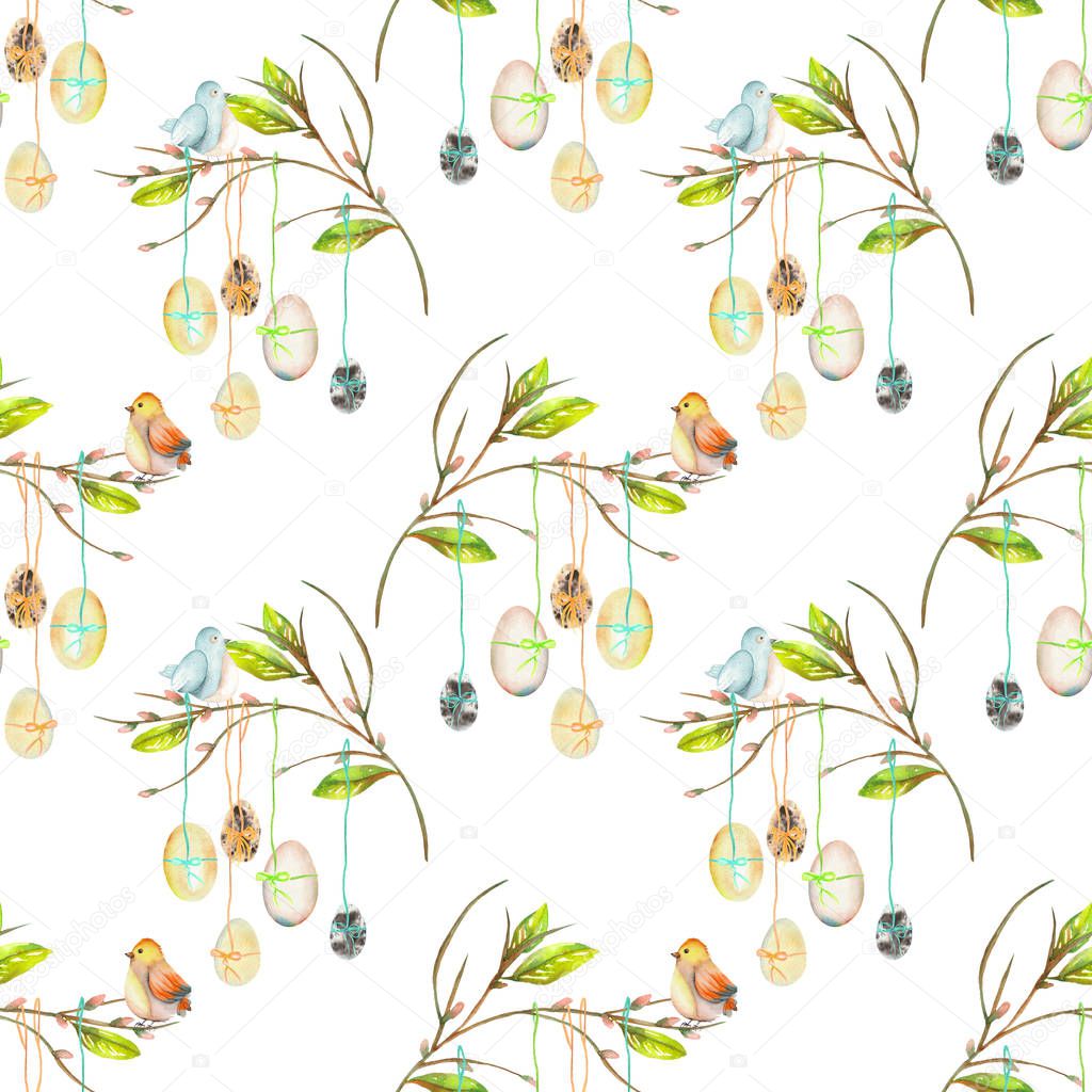 Seamless pattern with Easter eggs on the spring tree branches