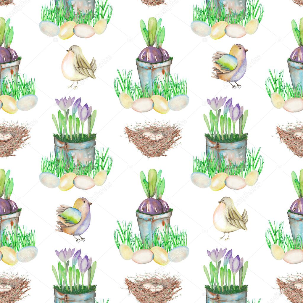 Seamless pattern with watercolor Easter bird eggs, nests, crocus flowers in the pots and cute birds