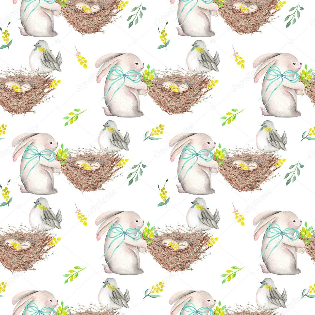Seamless pattern with watercolor Easter rabbits, nests with bird eggs, yellow and green branches