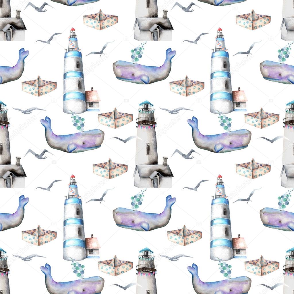 Seamless pattern with watercolor lighthouses, seagulls, whales and paper boats