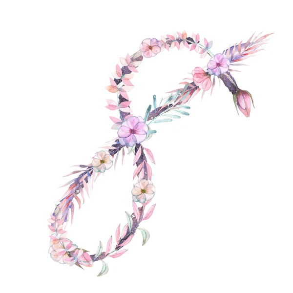 Numer '' 8'' akwarela różowe i fioletowe kwiaty, na białym tle ręcznie rysowane na białym tle — Zdjęcie stockowe
