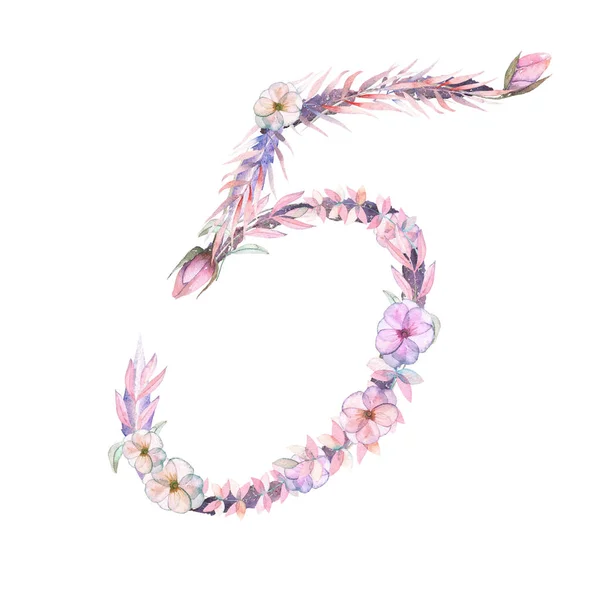 Αριθμός '' 5'' ακουαρέλα ροζ και μοβ λουλούδια, απομονωμένες χέρι σε λευκό φόντο — Φωτογραφία Αρχείου