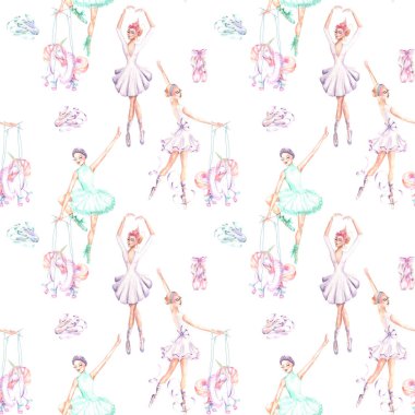 Suluboya bale dansçıları, kukla tek boynuzlu atlar ve pointe ayakkabı ile Seamless Modeli