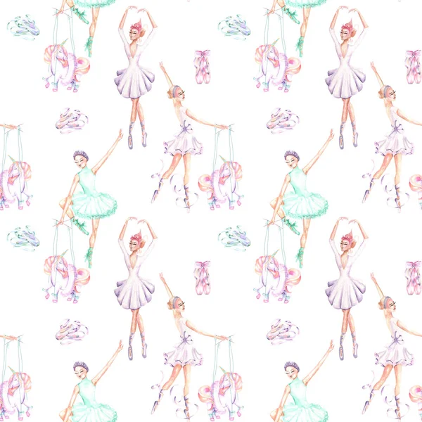 Seamless pattern with watercolor ballet dancers, puppet unicorns and pointe shoes — Stock Photo, Image