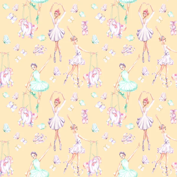 Seamless pattern with watercolor ballet dancers, puppet unicorns, butterflies and pointe shoes — Stock Photo, Image