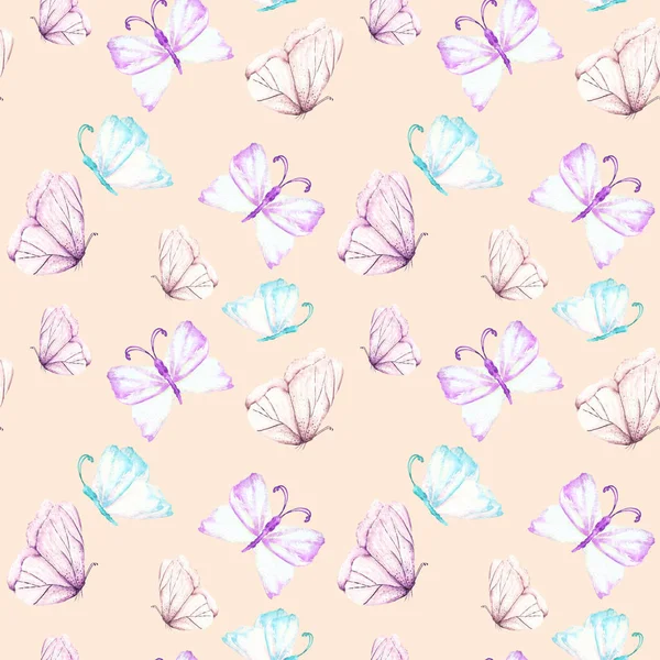 Безшовний візерунок з акварельними ніжними фіолетовими і м'ятними метеликами — стокове фото