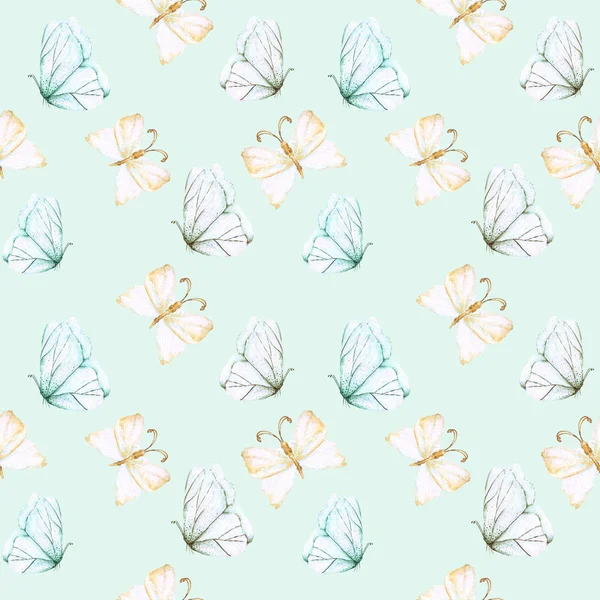 水彩画の柔らかい蝶とシームレスなパターン — ストック写真
