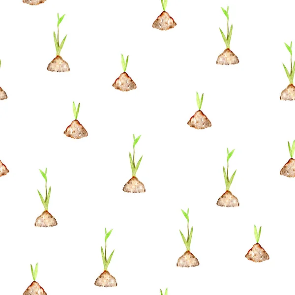 원활한 패턴 수채화 봄 녹색 식물을 토양에서 콩나물 — 스톡 사진