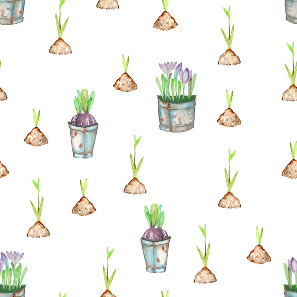 Patrón sin costura con brotes de plantas de color verde primavera acuarela del suelo y flores de azafrán en los cubos — Foto de Stock