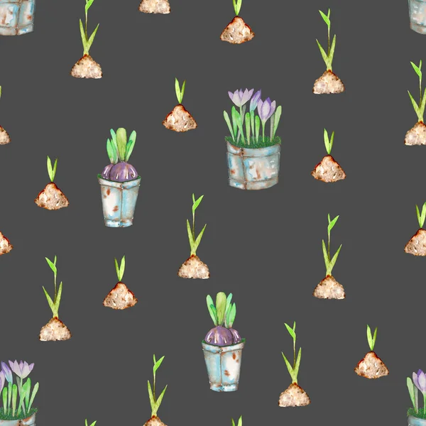 Seamless pattern with watercolor spring green plant sprouts from the soil and crocus flowers in the buckets — Stock Photo, Image