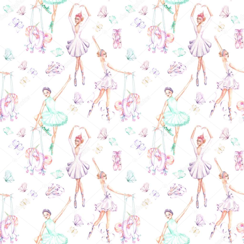 Seamless pattern with watercolor ballet dancers, puppet unicorns, butterflies and pointe shoes