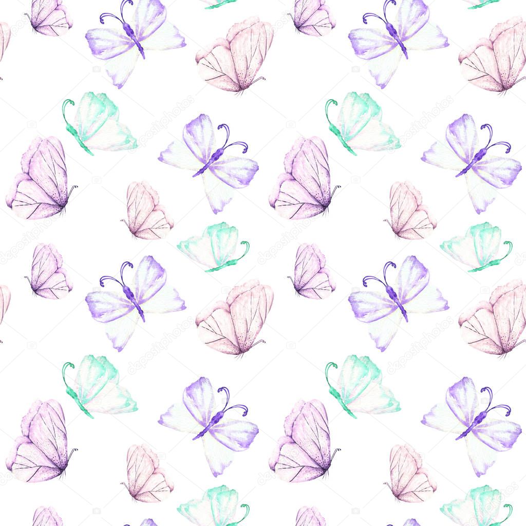 Seamless pattern with watercolor tender purple and mint butterflies