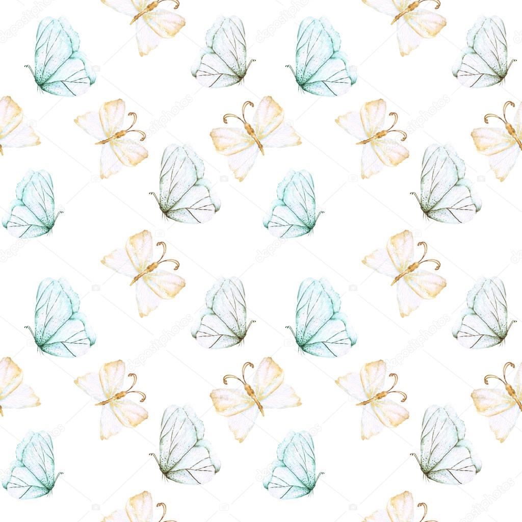 Seamless pattern with watercolor tender butterflies