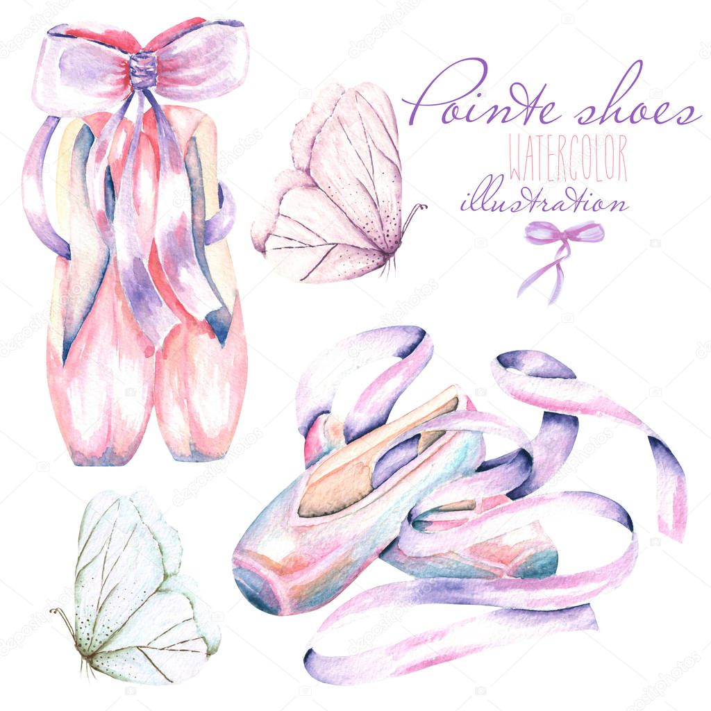 Set, collection of watercolor pointe shoes and butterflies illustration
