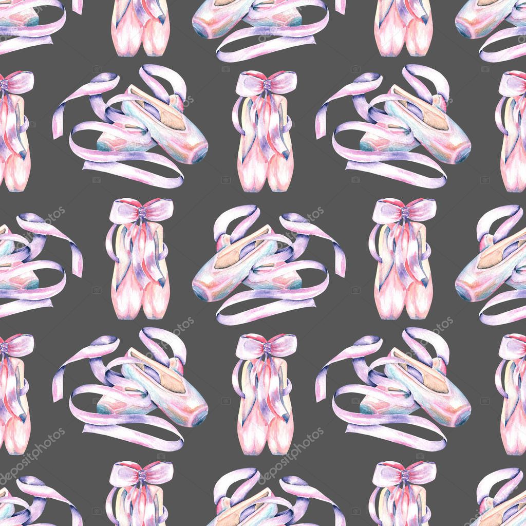 Seamless pattern with watercolor pointe shoes