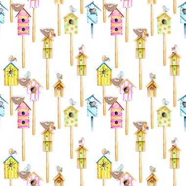Sulu Boya renkli kuş evleri, şirin kuşlar ve yuva ile Seamless Modeli