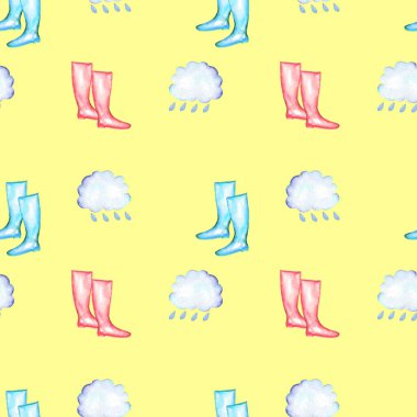 Suluboya yağmur elemanları ile Seamless Modeli: yağmur bulutu ve lastik çizmeler