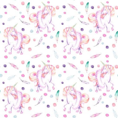 Tutu, tüyler ve konfeti suluboya pembe unicorn ile Seamless Modeli
