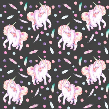Tutu, tüyler ve konfeti suluboya pembe unicorn ile Seamless Modeli