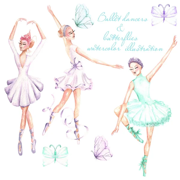 Set, colección de bailarines de ballet acuarela e ilustraciones de mariposas —  Fotos de Stock