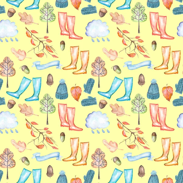 Χωρίς ραφή πρότυπο με ακουαρέλα φθινόπωρο αντικείμενα (ζεστά καπέλα και γάντια, μπότες από καουτσούκ, σύννεφο βροχής, ξηρά φύλλα δέντρων και άλλα) — Φωτογραφία Αρχείου