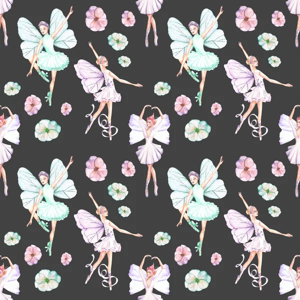 Seamless pattern with watercolor ballet dancers with butterfly wings and flowers — Stock Photo, Image