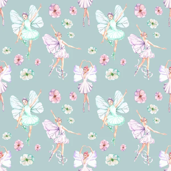 Seamless pattern with watercolor ballet dancers with butterfly wings and flowers — Stock Photo, Image