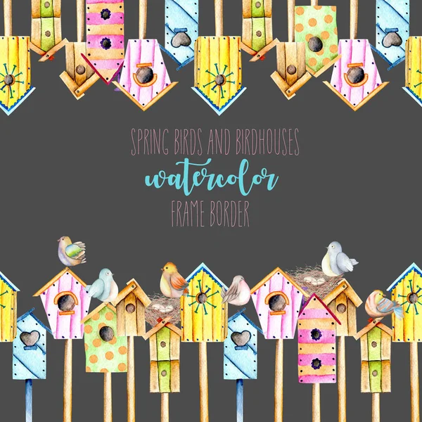 Card template, frame border with watercolor colorful birdhouses, cute birds and nests — Stock Photo, Image