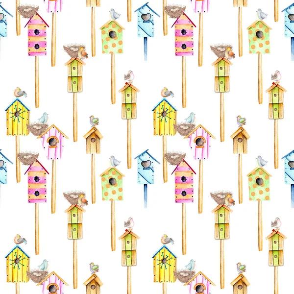 Χωρίς ραφή πρότυπο με ακουαρέλα birdhouses πολύχρωμα, χαριτωμένα πουλιά και τις φωλιές — Φωτογραφία Αρχείου