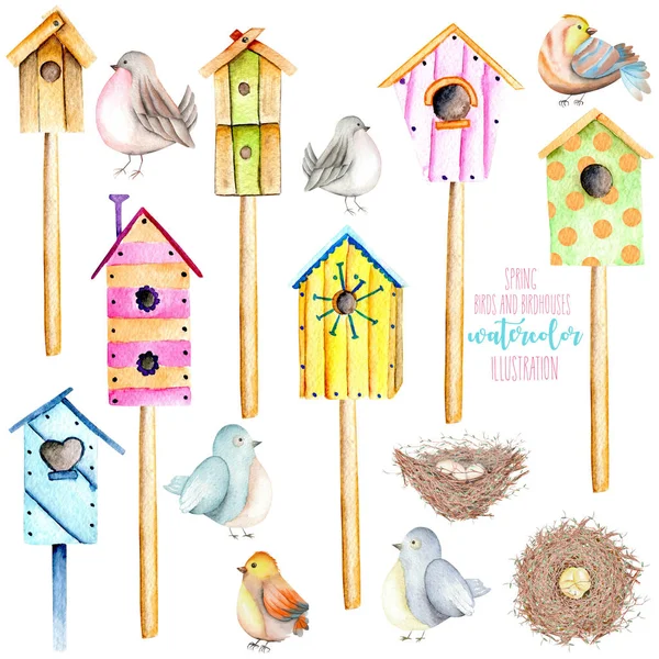 Ange, samling av akvarell färgglada birdhouses, söta fåglar och fågelbon illustrationer — Stockfoto