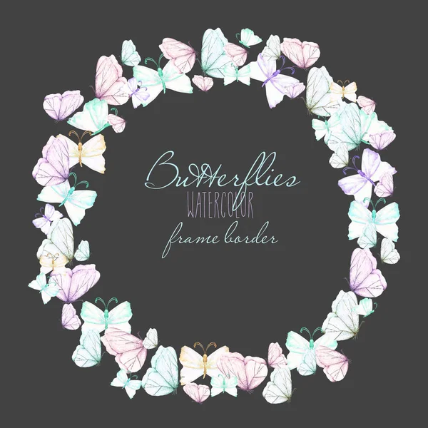 Circle frame, wreath with watercolor tender butterflies — Stock Photo, Image