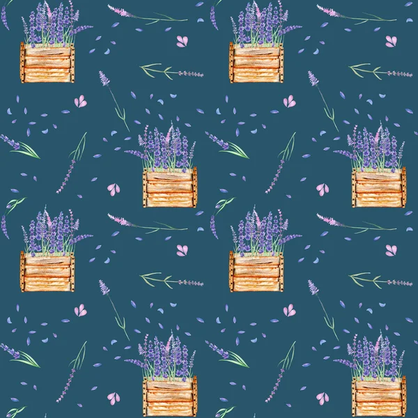 Seamless pattern with lavender flowers in the wood boxes — Stock Photo, Image