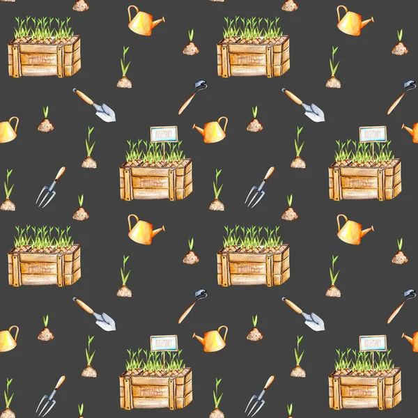 Wzór z na białym tle akwarela sadzonka w drewnie pola i narzędzia ogrodnicze — Zdjęcie stockowe