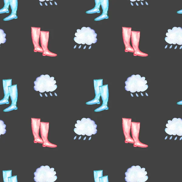 Nahtloses Muster mit Aquarell-Regen-Elementen: Regenwolke und Gummistiefel — Stockfoto
