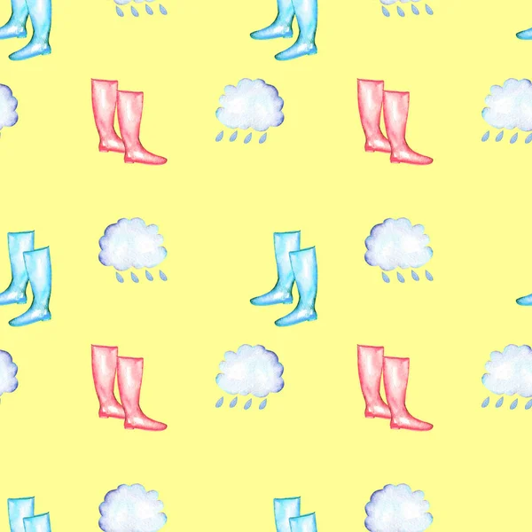 Padrão sem costura com elementos de chuva aquarela: nuvem de chuva e botas de borracha — Fotografia de Stock