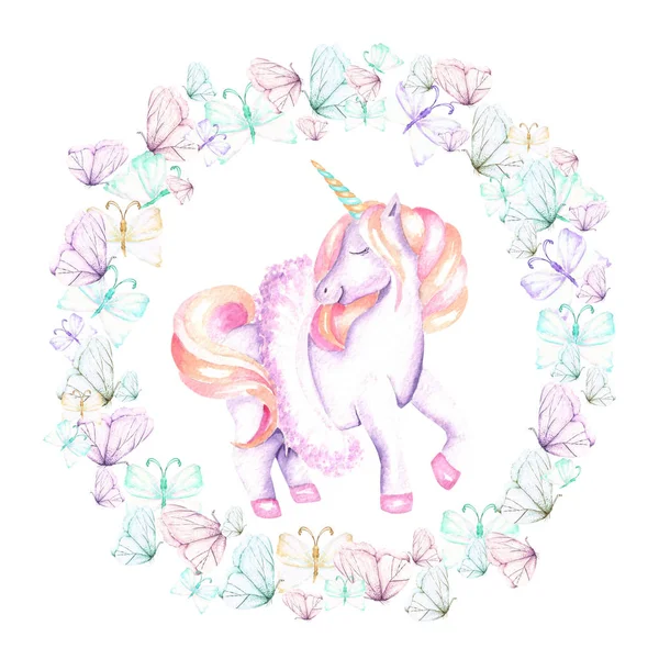 Marco de círculo, corona con mariposas tiernas acuarela y unicornio rosa —  Fotos de Stock