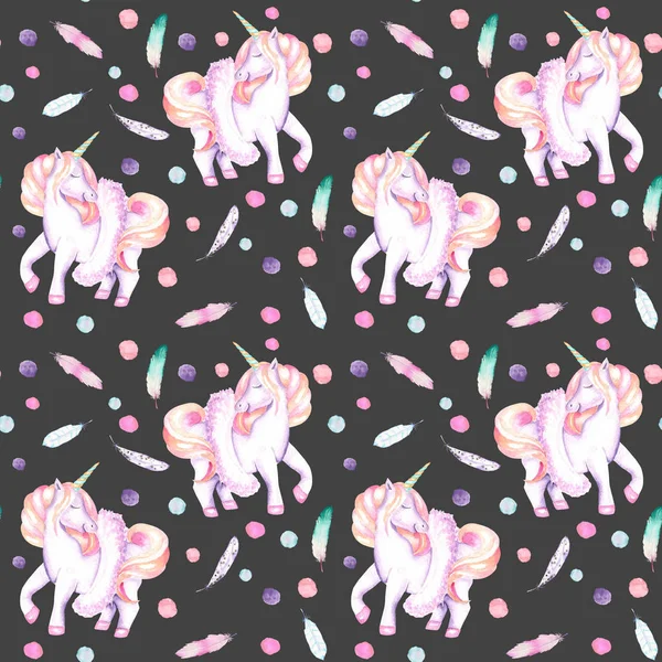 Patrón sin costuras con unicornio rosa acuarela en tutú, plumas y confeti — Foto de Stock